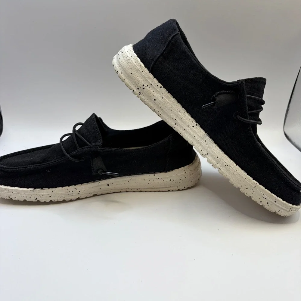 Hey Dude Wendy L Black Canvas Slip On Loafers Speckled Sole Womens Size 6 - Picture 4 of 8
